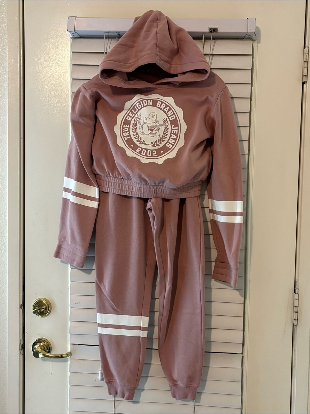 True Religion Women’s M Mauve Buddha Cropped Hoodie Jogger Sweatsuit Set